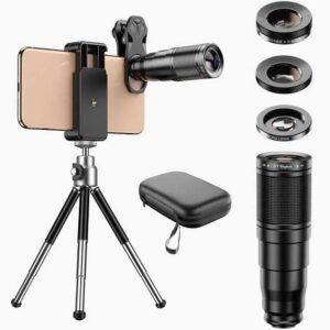 APEXEL 22X Telephoto Lens Kit for Smartphones – 4-in-1 HD Camera Lens Set with 22X Telephoto, 120° Wide Angle, 25X Macro & 205° Fisheye Lens, Metal Tripod & Universal Clip Compatible with iPhone, Samsung & Android